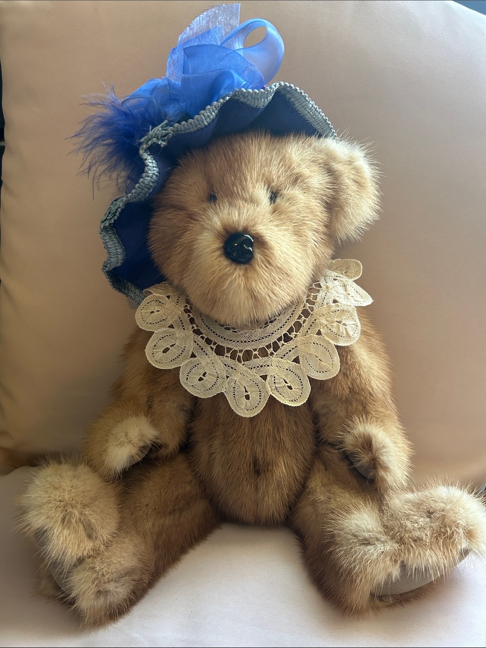 Vintage Mink Fur Plush Brown Decorative Teddy Bear with Blue Hat & Lace Collar